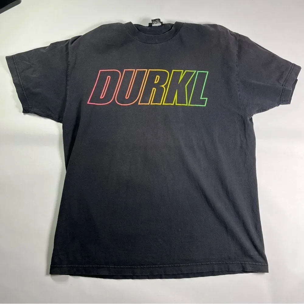 Durkl Faded Black Tee L Large with Rainbow Logo - Defunct Streetwear